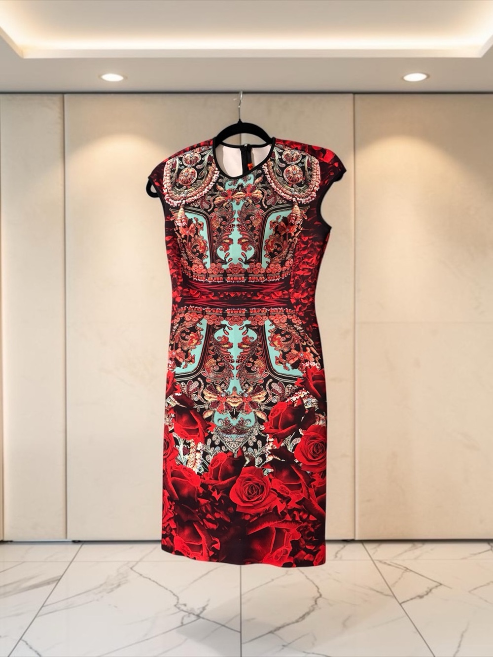 Clover Canyon Red Rose Baroque jewel print bodycon sheath dress size s